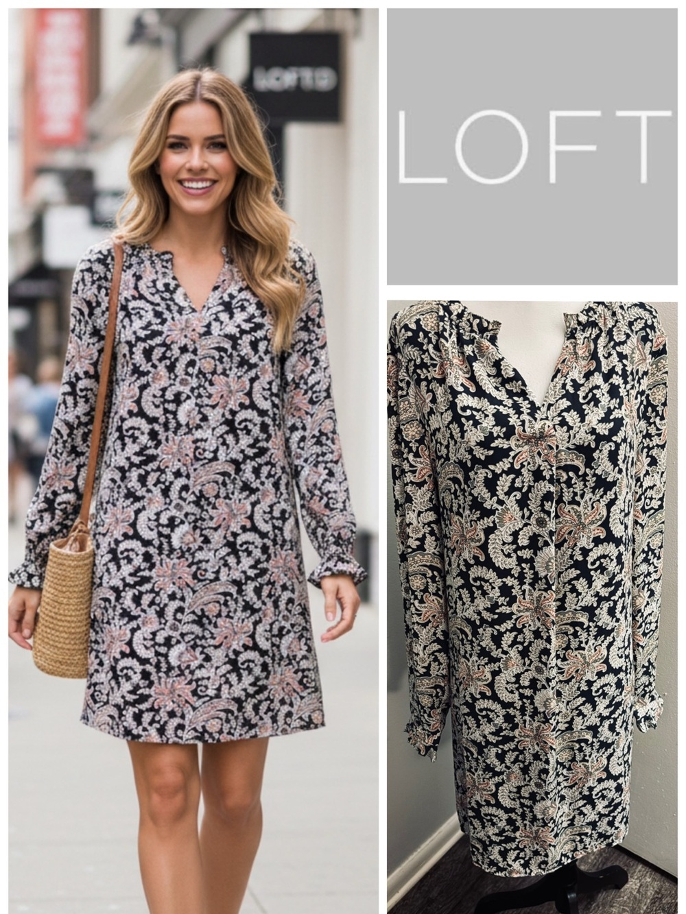 LOFT Paisley Floral Split V-Neck Long Sleeve Shift Mini Dress